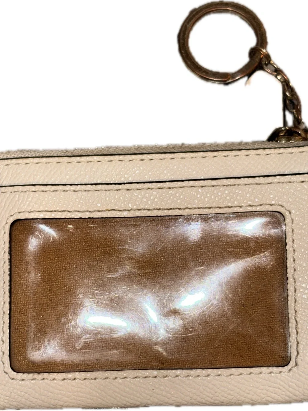 Coach Cream Leather Card Holder Key Ring with Brown ID Window